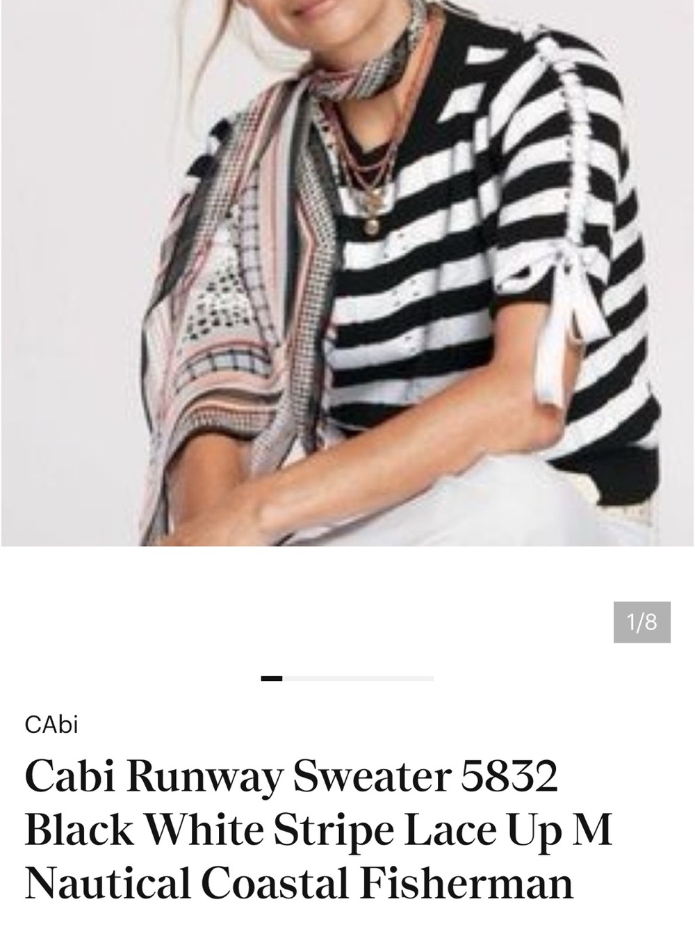 CAbi Black & White Striped Lace-Up Short Sleeve Sweater